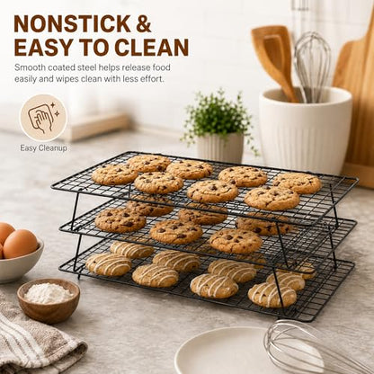 Cooling Rack 16"x10", 3-Tier Stackable & Collapsible Cooling Racks | Cooling Racks for Cooking and Baking, Roasting, Grilling, Oven & Dishwasher Safe (Black, 3-Tier-SL) - color: Black, size: 3-Tier-SL