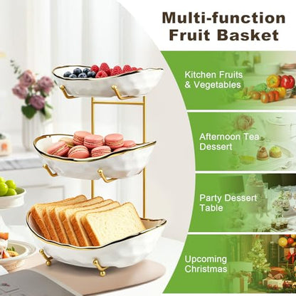 Fruit Bowl for Kitchen Counter - 3 Tier Ceramic Fruit Rack, Fruit Basket for Fresh Fruit&Veggies, Tiered Fruit Platter Serving Trays for Party - color: White-3 Tier