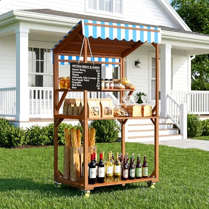 Wooden Farm Stand Cart, Solid Wood Farmers Market Stand with Wood Roof, Heavy Duty Display Table with Lockable Wheels, for Events & Small Business, Light Brown
