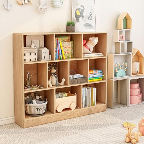 10 Cubes Book Shelf, 3 Shelf Bookcase Cabinet with 10 Compartments, Strong Base and Closed Back, Open Shelf Storage Organizer Bookshelf for Living Room, Bedroom, Office & Hallway (Natural) - color: Natural