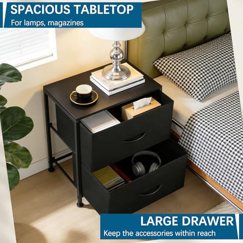 Fabric Nightstand with 2 Drawers, Small Night Stand Bedside Table with Two Drawer Dresser End Table for Bedroom Living Room Small Spaces, Wooden Top - color: Black