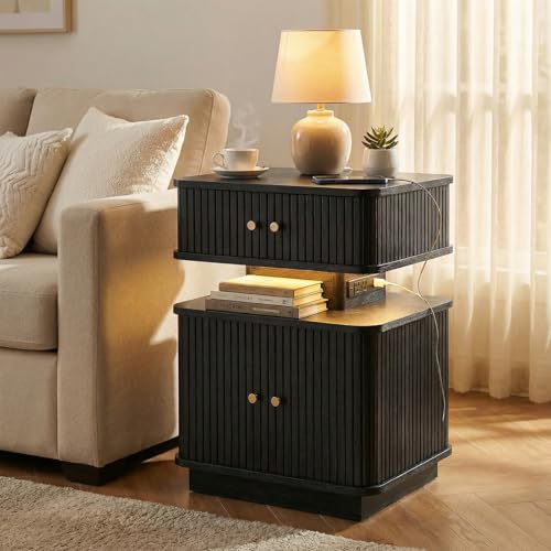 Black Nightstand with Charging Station and LED Light, Fluted Bedside Table with 1 Drawer and Storage Cabinet, Modern Ribbed End Table with USB Ports & Outlets for Bedroom, Living Room - color: Black