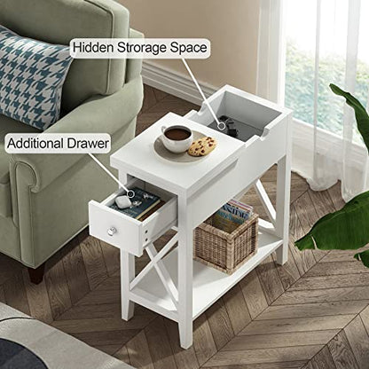 ChooChoo End Table, Flip Top Narrow End Table with Drawer | Narrow Side Table with Flip Top, Accent Small Side Table Nightstand for Living Room, Bedroom, and Small Spaces, White - color: White, size: 1 Pack, style: Without Power