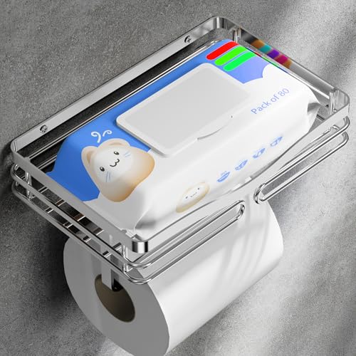 Toilet Paper Holder with Storage Shelf, Brushed, Drill-Free Mounting, Fits Costco Size Wet Wipes, for Small Bathroom & RV - color: Elegant Silver