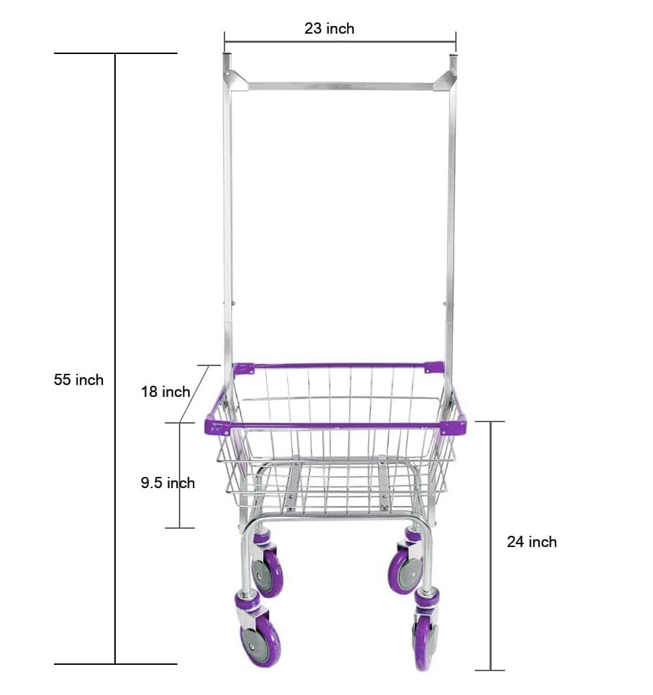 Laundry Cart Grey Powder Coated with Double Pole Rack, 1.5-Bu (Red, Black, Blue Trim) (Red) - color: Red