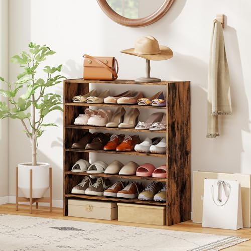 COSTWAY 6-Tier Shoe Rack, Extra Wide Shoe Shelf Organizer with Stackable Design, 31" Freestanding Adjustable Storage Shoe Stand for Small Space Entryway Hallway Closet (1,Rustic Brown) - color: Rustic Brown