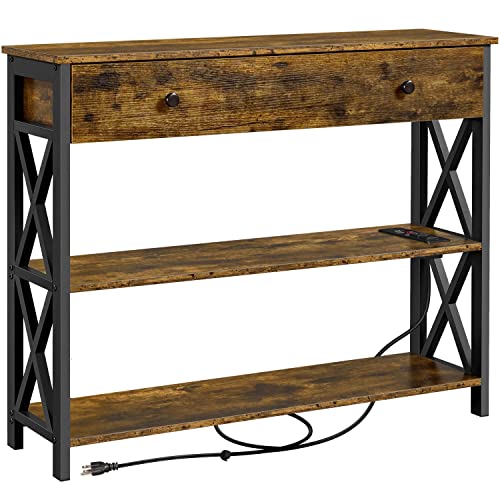 Topeakmart Console Table with Charging Station, 40" Narrow Entryway Table with 2 Power Outlets and 2 USB Ports, Sofa Hallway Table with Drawer, Behind Couch, for Living Room Rustic Brown - color: Rustic Brown, style: with Power Outlet