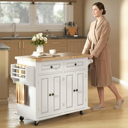 HOMCOM Kitchen Island Cart with Solid Wood Top, 44" Mobile on Wheels White | Kitchen Island Table, Storage Cabinets, 2 Drawers, Adjustable Shelves, Spice Rack, Towel Bar, Dining Room - color: White