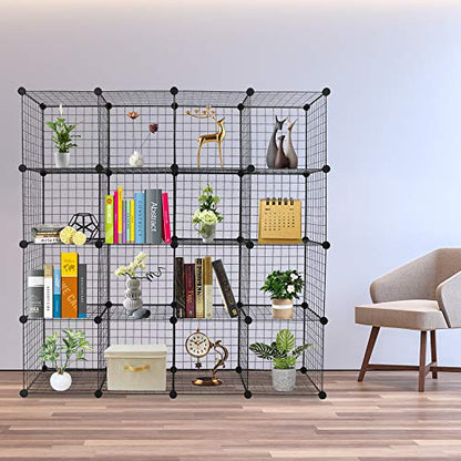 Vasitelan Wire Cube Storage Shelves, 16 Cube Storage Organizer Metal Shelves, Storage Bins Shelving, Modular Bookshelf Shelf, Closet Cabinet Ideal for Bedroom, Office, 47”L x 14”W x 57”H, Black