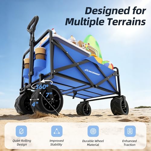 EchoSmile Heavy Duty 350 Lbs Capacity Collapsible Wagon, Outdoor Folding Camping Grocery Portable Utility Cart, Adjustable Rolling Carts, All Terrain Sports Wagon with Big Wheels (Blue) - color: Blue