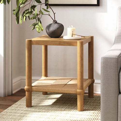 Nathan James River Modern Coastal Side Table with Solid Wood Legs and Seagrass Storage Shelf, Light Brown - color: Light Brown/Seagrass, size: Single