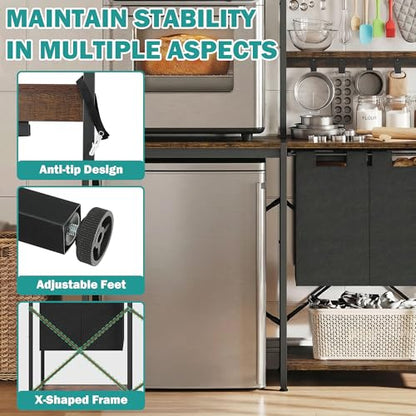 YITAHOME Kitchen Bakers Rack with Storage Shelves, Coffee Bar Table | 4 Tiers ＆ 5 Hooks, 45.3" Large Freestanding Kitchen Shelves, Mini Fridge Cabinet with Storage for Dining Room, Retro Brown - size: 55"×47.2"