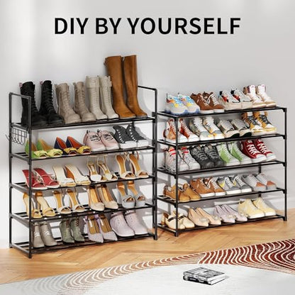 Metal Shoe Organizer,5 Tiers Shoe Storage Shoe Rack with Hooks,Fit 20-25 Pairs,Adjustable Shoe Shelf for Entryway,Hallway,Bedroom,Metal Bottom Support - size: 5 Tier