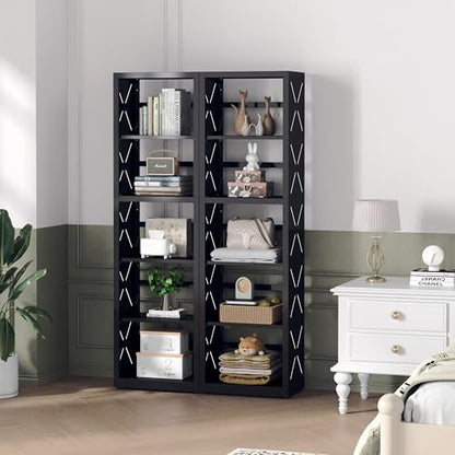 Polup Book Shelf, 5 Tier Metal Bookcase with Adjustable Shelves, Tall Narrow Bookshelf with Bookends, Black Display Shelves for Living Room, Home Office, Library - color: Black, size: 5 Tier-16" W