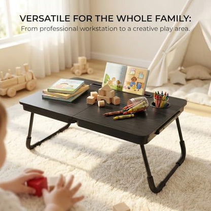 BUYIFY 23.4" Foldable Lap Desk Bed Table with Cup Holder Portable Tray | Folds Flat for Easy Storage, No Assembly Laptop Bed Desk, Sturdy and Lightweight, Patent Design, Deep Black - color: Deep Black