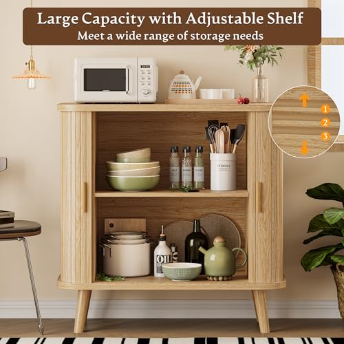Xixini Sideboard Buffet Cabinet with Sliding Door, 31.5" Wide Fluted Modern Accent Cabinet with Adjustable Shelves, Wood Coffee Bar Buffet Console Table for Kitchen, Dining Room, Living Room, Oak - color: Oak
