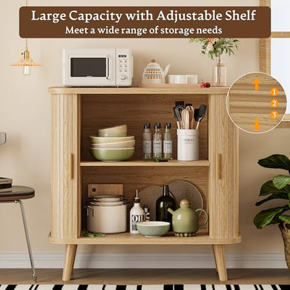 Xixini Sideboard Buffet Cabinet with Sliding Door, 31.5" Wide Fluted Modern Accent Cabinet with Adjustable Shelves, Wood Coffee Bar Buffet Console Table for Kitchen, Dining Room, Living Room, Oak - color: Oak