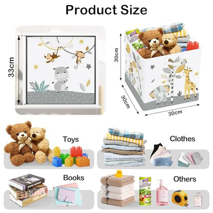 11.8" Tropical Animals Storage Cube Organizer Set 3Pcs Clothes Storage Basket Bin for Closet Shelf Elephant Giraffe Zebra Nursery Kid Room Book Toy Chest, Monkey