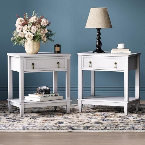 24 Inch Nightstands Set of 2 with Drawer, Side Table with 1 Drawer and Open Shelf, Vintage Small Bedside Table with Handles, 2-Tier Storage Shelves End Table for Bedroom, Dorm (White) - color: White