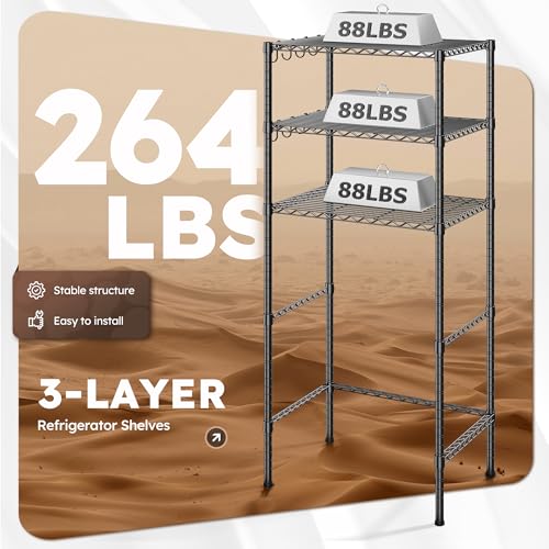 REIBII 3-Tier Mini Fridge Shelf with Storage, 264LBS Metal Shelving with 8 Hooks, Adjustable Height Organizer for Dorm, Kitchen, Apartment & Office, Microwave Rack, 26.38" Wx18.1 Dx65.36 H, Black - size: 26.38Wx18.1Dx65.36H