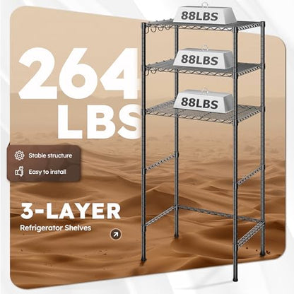 REIBII 3-Tier Mini Fridge Shelf with Storage, 264LBS Metal Shelving with 8 Hooks, Adjustable Height Organizer for Dorm, Kitchen, Apartment & Office, Microwave Rack, 26.38" Wx18.1 Dx65.36 H, Black - size: 26.38Wx18.1Dx65.36H