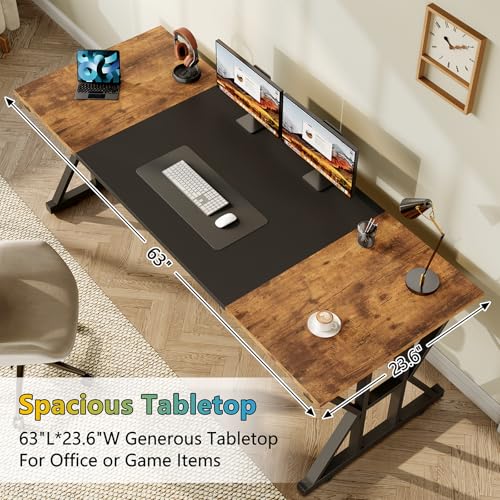 TVU 63-Inch Executive Desk, Large Office Desk with Thicken Frame, Computer Desk Modern Simple Desk for Home Office, Rustic Brown/Black - color: Rustic Brown+black, size: 63inch