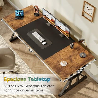 TVU 63-Inch Executive Desk, Large Office Desk with Thicken Frame, Computer Desk Modern Simple Desk for Home Office, Rustic Brown/Black - color: Rustic Brown+black, size: 63inch