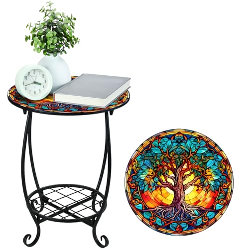 Cinnvoice Outdoor Side Table Round Small Mosaic Patio Accent Indoor End Plant Coffee Tea Table for Yard Patio Porch Garden Living Room, Bedroom(Tree Style,14 Inch) - size: 14 Inch, style: Tree Style