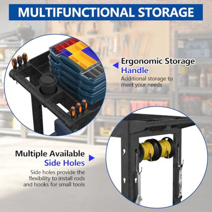 Large Garage Plastic Utility Cart, Heavy Duty 2 Shelf Tool Cart Service Cart Rolling Push Carts with Ergonomic Handle 5" Swivel Casters. - color: Black, size: 34 x 17 Inch