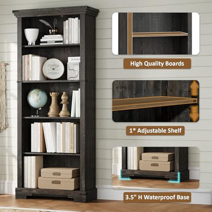 5-Tier Farmhouse Bookshelf, 61.1 inch Tall Bookcase with Storage & Unique Design & One Adjustable Shelf, Wooden Bookshelf for Study Room, Living Room, Home Office, Bedroom (Black) - color: Black