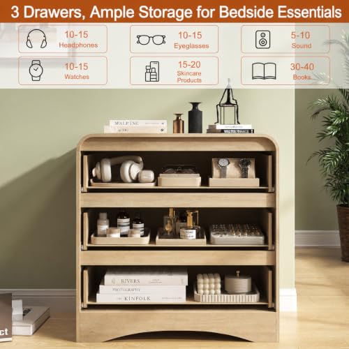 32" Large Nightstand, 3 Drawer Nightstand with Spacious Drawers | Pre-Installed Slides, Wood Bedside Table, Modern End Table, Curved Night stand for Bedroom Sofa Couch Office, Natural Oak - color: Natural Oak, size: 3 Drawer