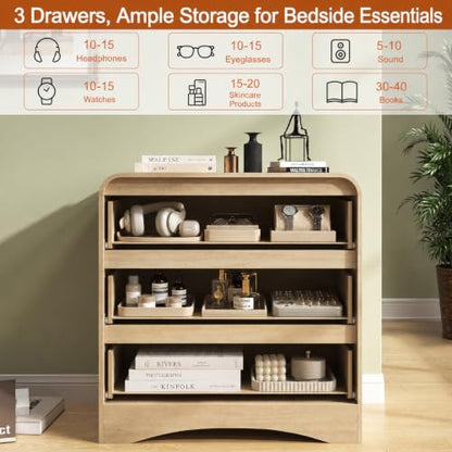 32" Large Nightstand, 3 Drawer Nightstand with Spacious Drawers | Pre-Installed Slides, Wood Bedside Table, Modern End Table, Curved Night stand for Bedroom Sofa Couch Office, Natural Oak - color: Natural Oak, size: 3 Drawer