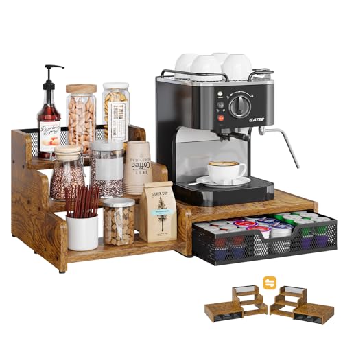 Coffee Station Organizer with K Cup Holder, 28 Pod Capacity,3-Tier Syrup Rack with Coffee Pod Holder Drawer, Coffee Bar organizer Countertop for Accessories,Rustic Brown - color: K-Cup – Rustic Brown