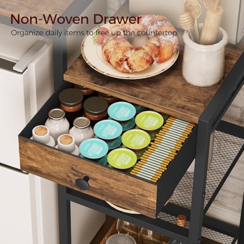 MAHANCRIS Mini Fridge Stand, Bakers Rack with Storage, 6-Tier Mini Fridge Cabinet, Coffee Bar Station with 1 Drawer, Microwave Stand for Kitchen, Dining Room, Rustic Brown and Black RSHR5401