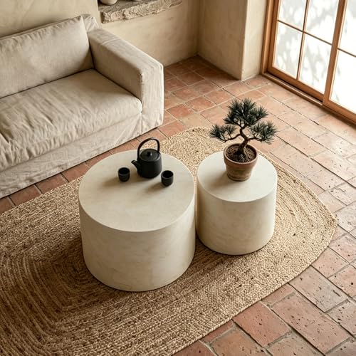 Nesting Coffee Table Set of 2, Modern Round Wooden Coffee Tables, Accent End Side Table for Small Space Living Room,Beige - color: Beige