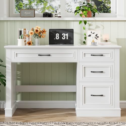 Befrases Farmhouse 47" Executive Desk with 4 Drawers, Cream White | Computer Desk with File Drawer, Workstation for Study, Home Office, Writing - color: Cream White, size: Wihtout Charging Station