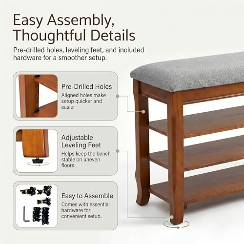Solid Wood Shoe Bench with Storage, Flip-Top Soft-Close Lid, Adjustable Shelves, Cushioned Entryway Shoe Rack Organizer, 31.5” - size: 31.5"