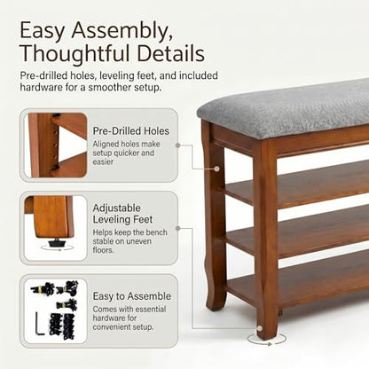 Solid Wood Shoe Bench with Storage, Flip-Top Soft-Close Lid, Adjustable Shelves, Cushioned Entryway Shoe Rack Organizer, 31.5” - size: 31.5"