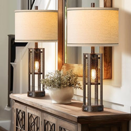 28'' Farmhouse Industrial Table Lamp Set of 2 - Rustic Bedside Nightstand Lamps with Dual USB A+C Ports, Bronze Metal Mesh Nightlight Desk Lamps for Bedroom Living Room, 4 LED Bulbs Included - color: Bronze-Set of 2
