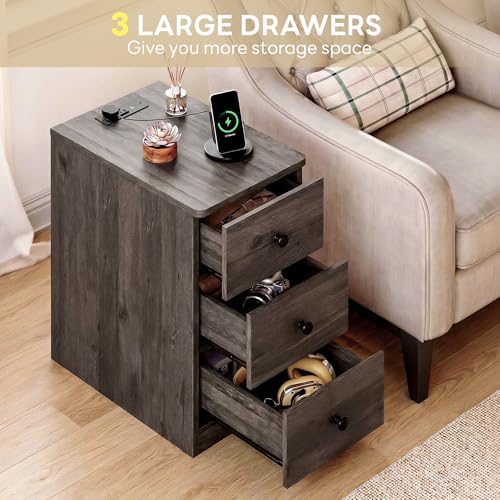 LIKIMIO Nightstand with Charging Station, 3 Drawers Modern for Bedroom - color: Charcoal Grey