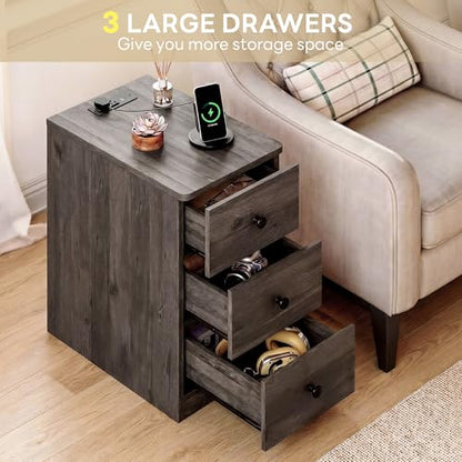 LIKIMIO Nightstand with Charging Station, 3 Drawers Modern for Bedroom - color: Charcoal Grey