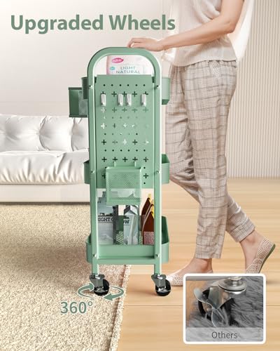 ALVOROG 3 Tier Rolling Cart with DIY Pegboards Metal Utility Cart with Wheels Handles Baskets Hooks, Storage Cart for Office Kitchen Bathroom(Green) - color: Green