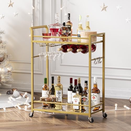 3 Tier Bar Cart, Small Beverage Cart, Mini Bar Cart with Wine Rack, Home Bar Serving Cart with Wheels for Dining Living Room (Gold, Mirrored) GBC106GU - color: Gold, size: Mirrored