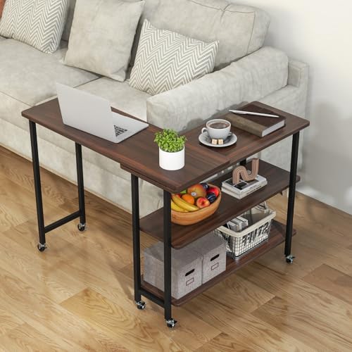 Tangkula 360° Rotating Sofa Side Table, Patented Mobile End Table with 2-Tier Storage Shelves, Swivel Rolling Desk with 6 Lockable Wheels, Metal Frame, Movable Laptop Table Couch Snack Table for Home - color: Walnut, size: Medium