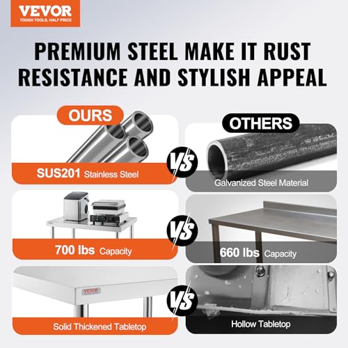 VEVOR Stainless Steel Work Table 30 x 12 x 34 Inch, 700 LBS Load Capacity with 4 Wheels, 3 Adjustable Height Levels, Heavy Duty Food Prep Worktable for Commercial Kitchen Restaurant, Silver - size: 30*12*34In, style: With Caster