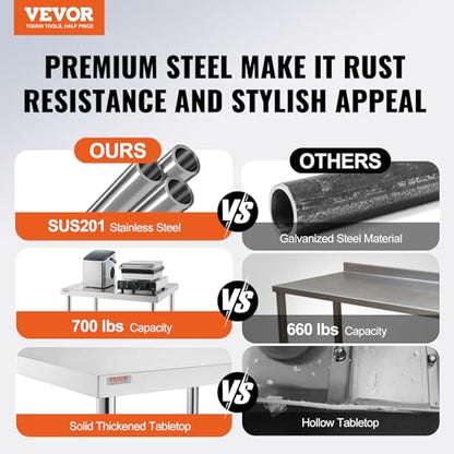 VEVOR Stainless Steel Work Table 30 x 12 x 34 Inch, 700 LBS Load Capacity with 4 Wheels, 3 Adjustable Height Levels, Heavy Duty Food Prep Worktable for Commercial Kitchen Restaurant, Silver - size: 30*12*34In, style: With Caster