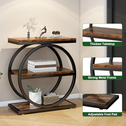 IBUYKE Narrow End Table with 3 Storage Shelves, Industrial Sofa Side Table, Double Round Metal Frames, Slim Nightstand and Bedside Table for Bedroom, Living Room, Rustic Brown UTMJ418H - color: Rustic Brown