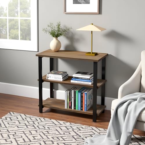 Alaterre Furniture Pomona Living Room 3-Tier Solid Wood Under-Window Bookshelf with Metal Frame – Rustic Industrial Modern Living Room Bookcase (Rustic Brown)