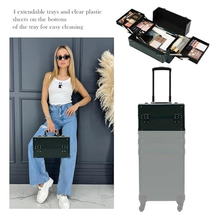 Particle Rolling Makeup Train Case Professional Cosmetic Trolley Large Storage Organizer with Key Swivel Wheels Salon Barber Case - New Green (Extra Portable Cosmetic Bag, Green) - color: Green