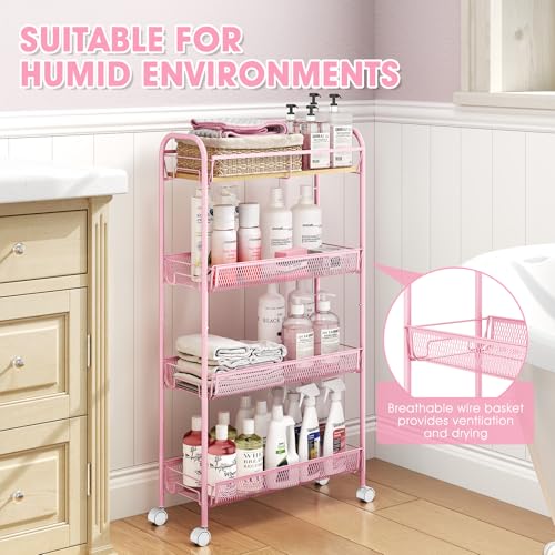 TOOLF 4-Tier Slim Rolling Cart, Metal Storage Cart with Wooden Tabletop and Mesh Baskets for Narrow Space on Kitchen Bathroom Laundry Room Bedroom Apartments Dormitory - size: Slim, style: Pink